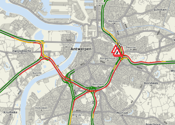 De volledige Antwerpse Ring en uiteinden van toekomende snelwegen kleurden dinsdagavond rood op de kaart van het Vlaams Verkeerscentrum.