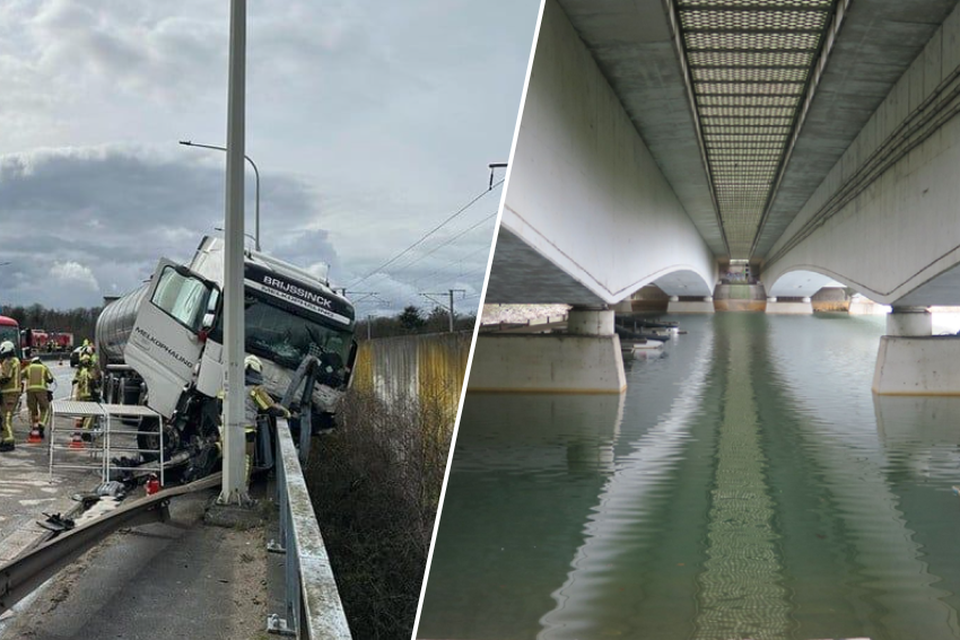 Deze gekantelde vrachtwagen op de brug boven de E10-plas veroorzaakte de vervuiling. Rechts: de E19 loopt dwars over de E10-plas.