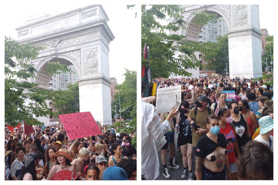 De protestmars voor Palestina met een aantal topless tot zelfs volledig naakte actievoerders.