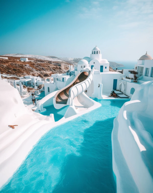 De wildwaterbaan zou vertrekken van tussen de witte huisjes die op alle foto’s van Santorini staan.