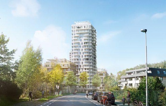 Gezien vanop de Fabiolalaan: bewoners van de wijk (rechts op deze simulatie) vrezen schaduw van de nieuwe woontoren.