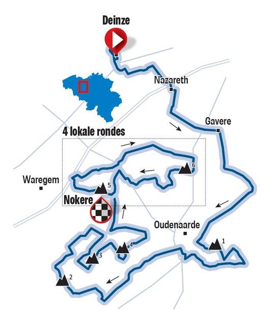 Het parcours van de 76ste Nokere Koerse. 