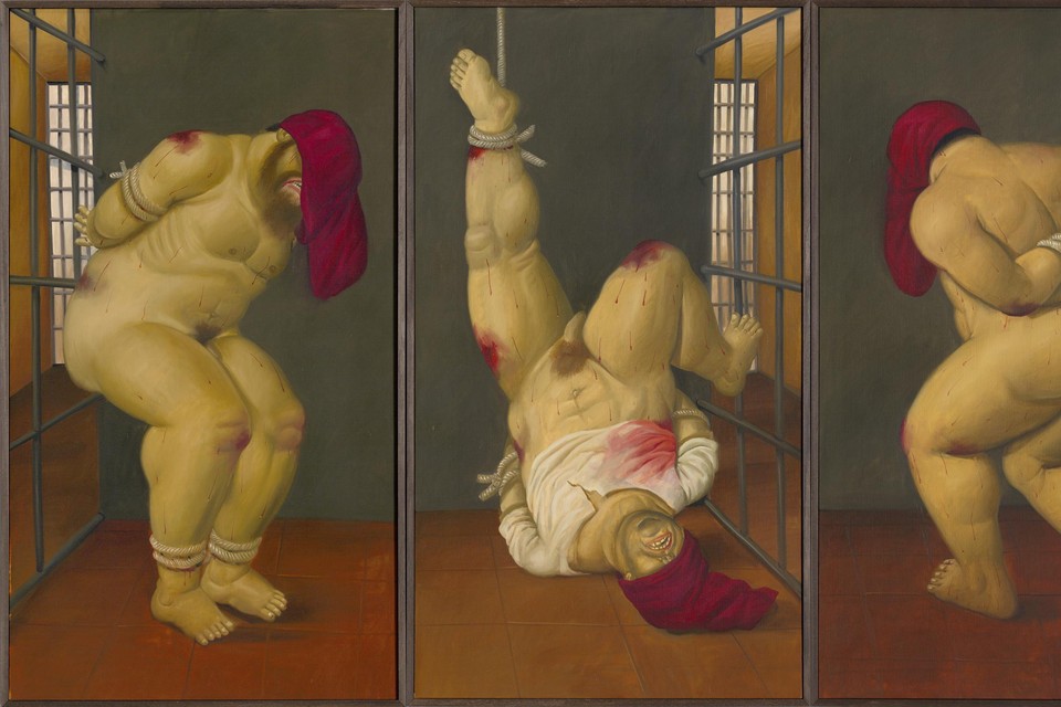 Ook bloederige foltertaferelen komen terug in Botero’s oeuvre. De gruwel contrasteert schijnbaar met de bolle vormen. 