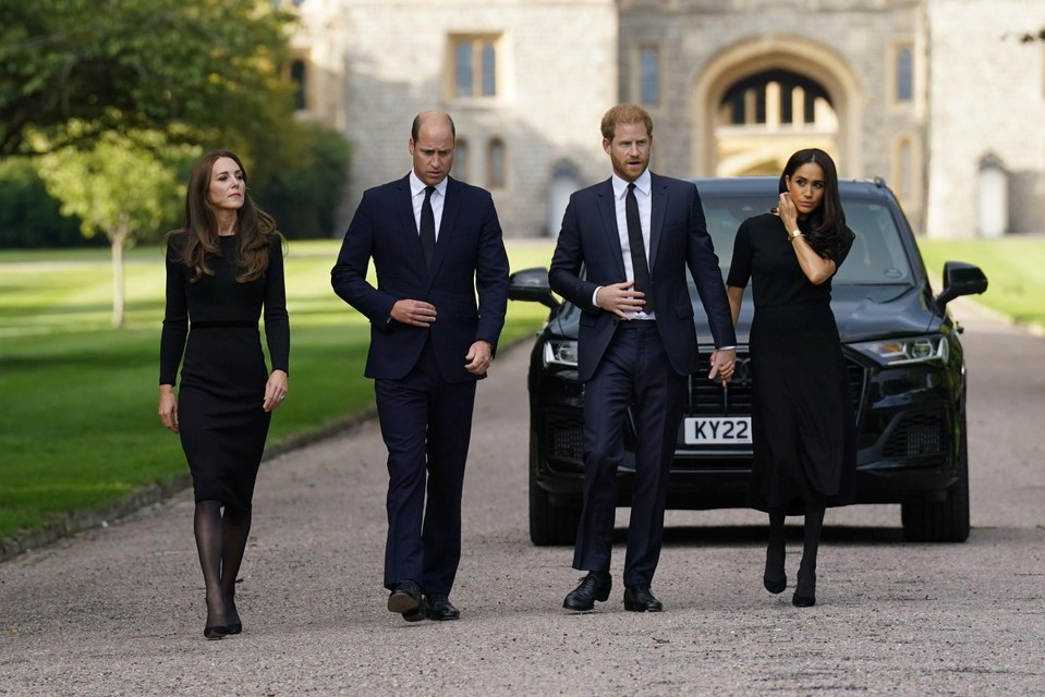 Voor hij een koppel vormde met Meghan (rechts) zou Harry (derde van links) “verliefd” geweest zijn op Kate (links), de vrouw van prins William (tweede van links).