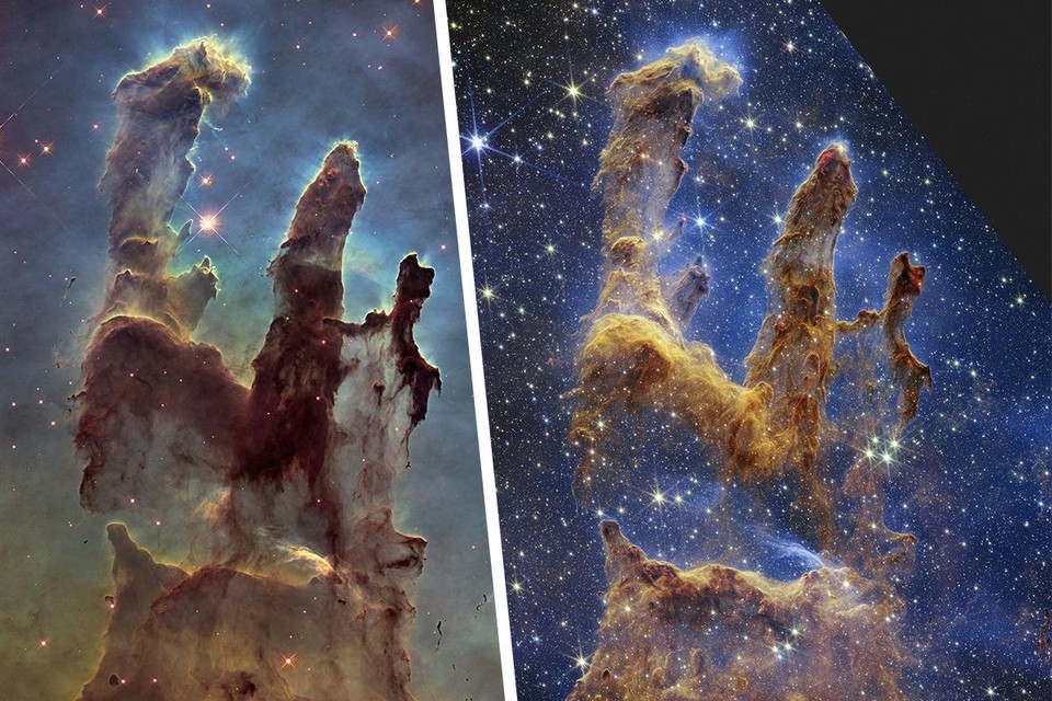 Links het beeld dat de Hubble-telescoop in 2014 maakte, rechts het beeld dat door de James Webb-telescoop werd gemaakt en ESA afgelopen week deelde.  
