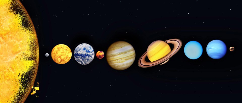 De planeten in ons zonnestelsel, van links naar rechts: Mercurius, Venus, Aarde, Mars, Jupiter, Saturnus, Uranus, Neptunus en Pluto.