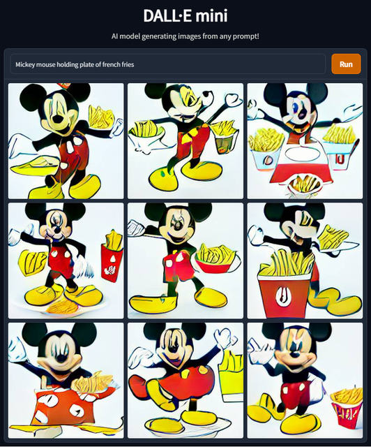 “Mickey Mouse met bord frieten vast.” 