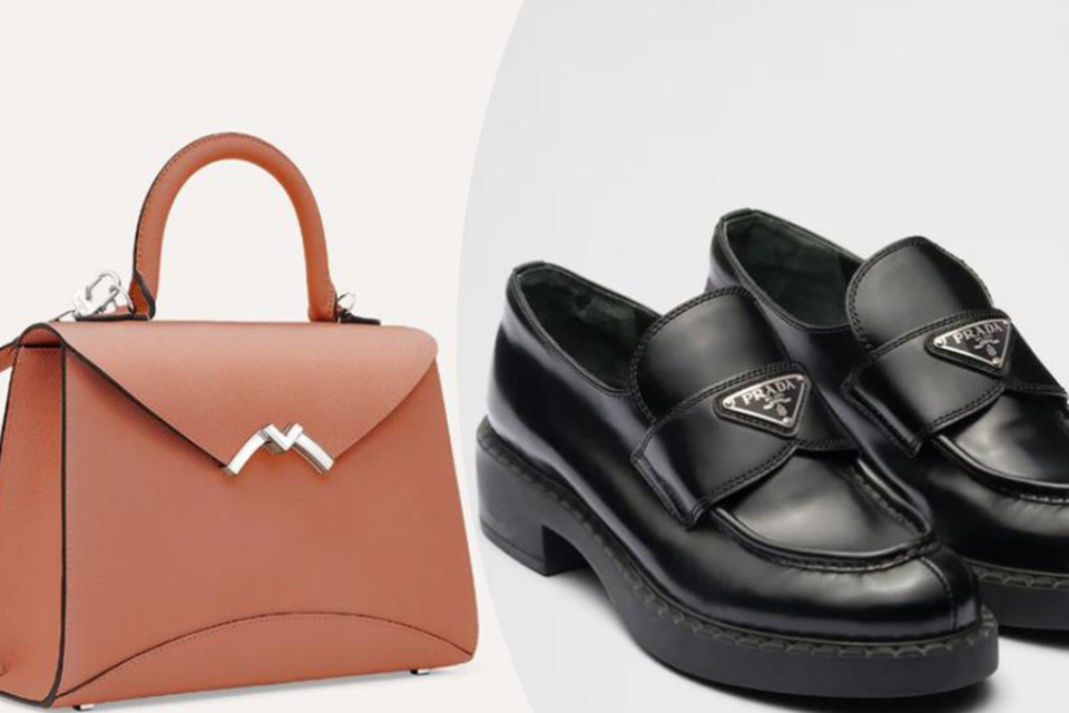 On the left a handbag from the Parisian and 'silent' Moynat, on the right a pair of Prada loafers with a whopper of a 'loud' logo.