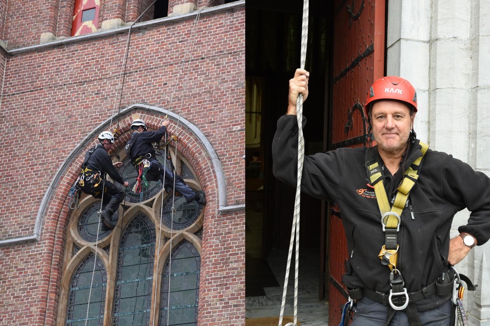 De klimmers van Monumentenwacht Oost-Vlaanderen hoog aan de kerktoren in Sint-Gillis. Voor Philippe Decavel (63) was het zijn laatste klim. 