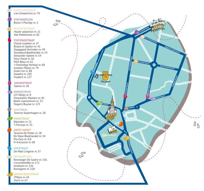 La mappa con tutte le aziende partecipanti è disponibile presso le aziende partecipanti, nell'edificio dei servizi su Stationsstraat e presso i servizi cittadini.