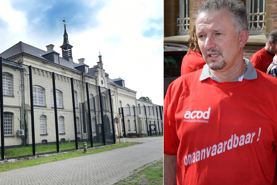 De gevangenis in Merksplas. Rechts: Dirk Vansprengel van vakbond ACOD. 