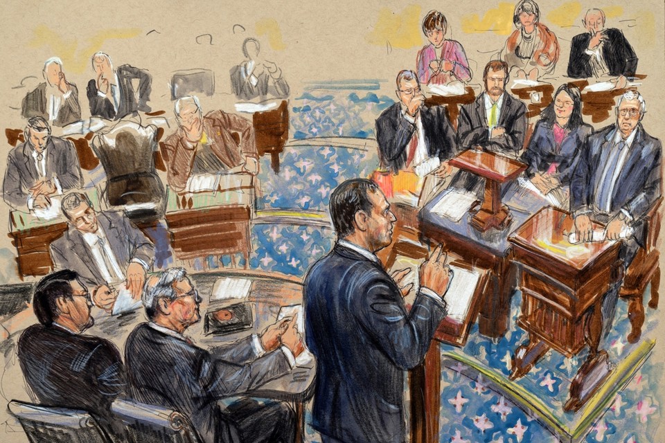 Een schets van Adam Schiff aan het spreekgestoelte. Tijdens het proces mogen de media geen foto’s maken in de Senaat. 