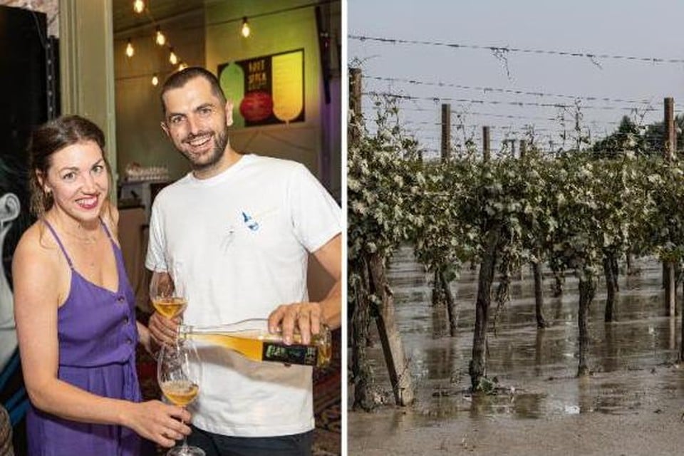 Arne Braeckman en Ona Rombaut van wijnbar Ona en een zwaar beschadigde wijngaard in Emilia-Romagna.