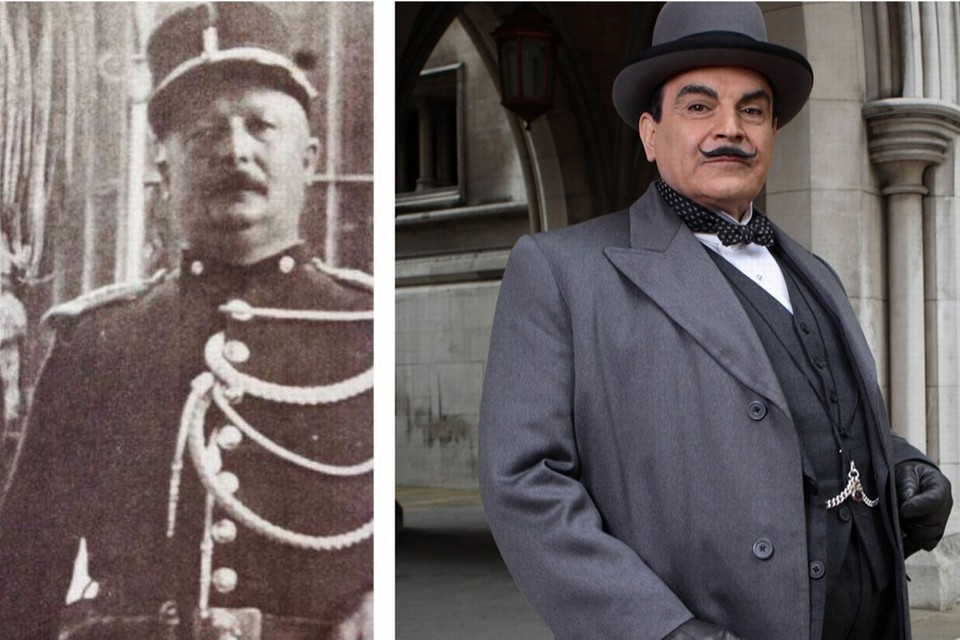 Links: Jacques Joseph Hamoir, alias de echte Hercule Poirot. Rechts: David Suchet was in 70 afleveringen op het scherm te zien als Hercule Poirot. 