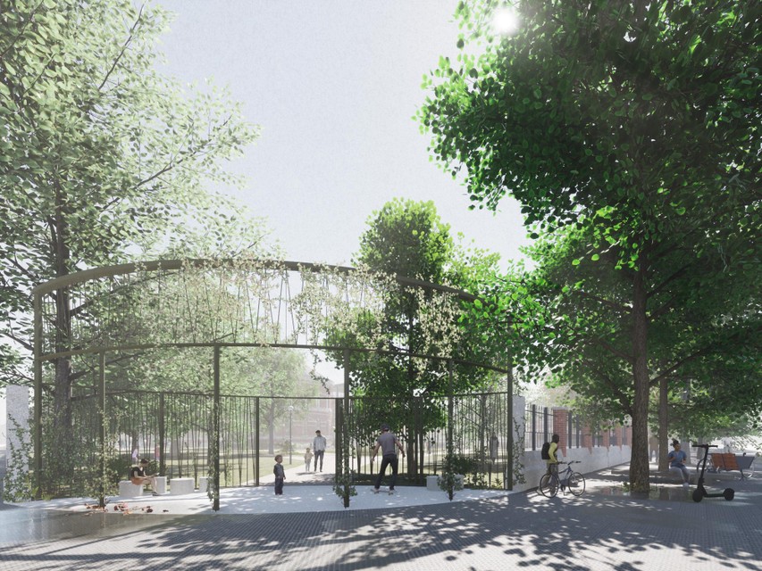 Zo zal de kant van het nieuw park op de hoek van de Pesthofstraat en de Lange Beeldekensstraat er dus gaan uitzien. 