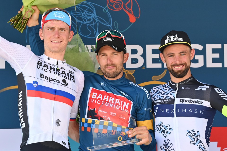 Het eindpodium van deze Benelux Tour (vlnr.): Matej Mohoric, Sonny Colbrelli, Victor Campenaerts. 