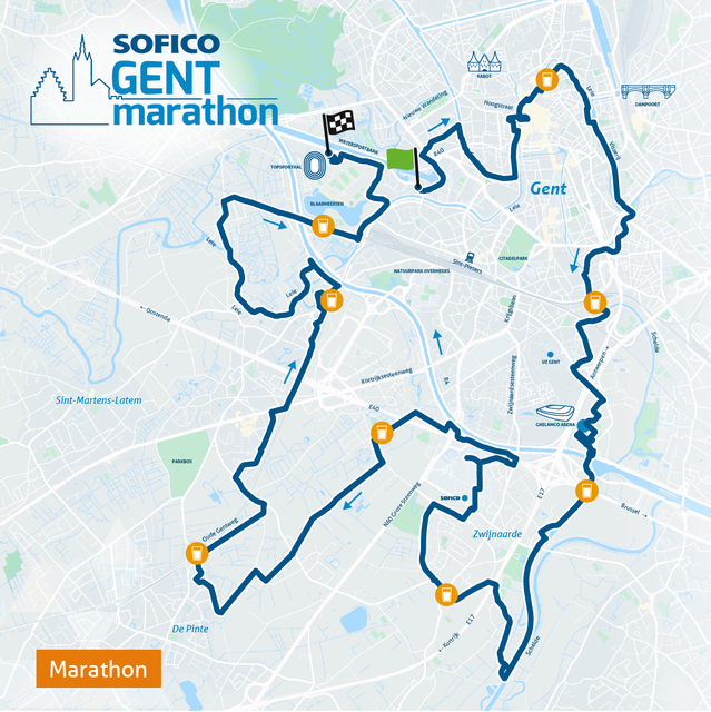 Het parcours van de marathon loopt dwars door Gent.