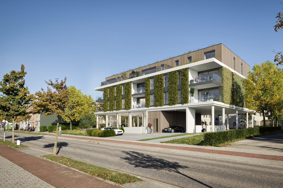 Een impressie van het gebouw met groengevels vooraan aan de Provinciale Steenweg.