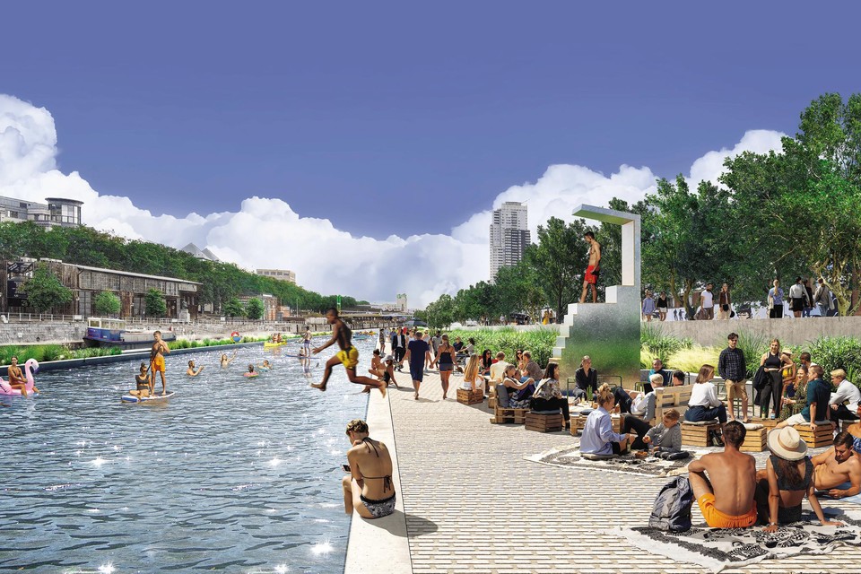 Simulatiebeelden van hoe het openluchtzwembad in het Brusselse kanaal eruit zou zien. 