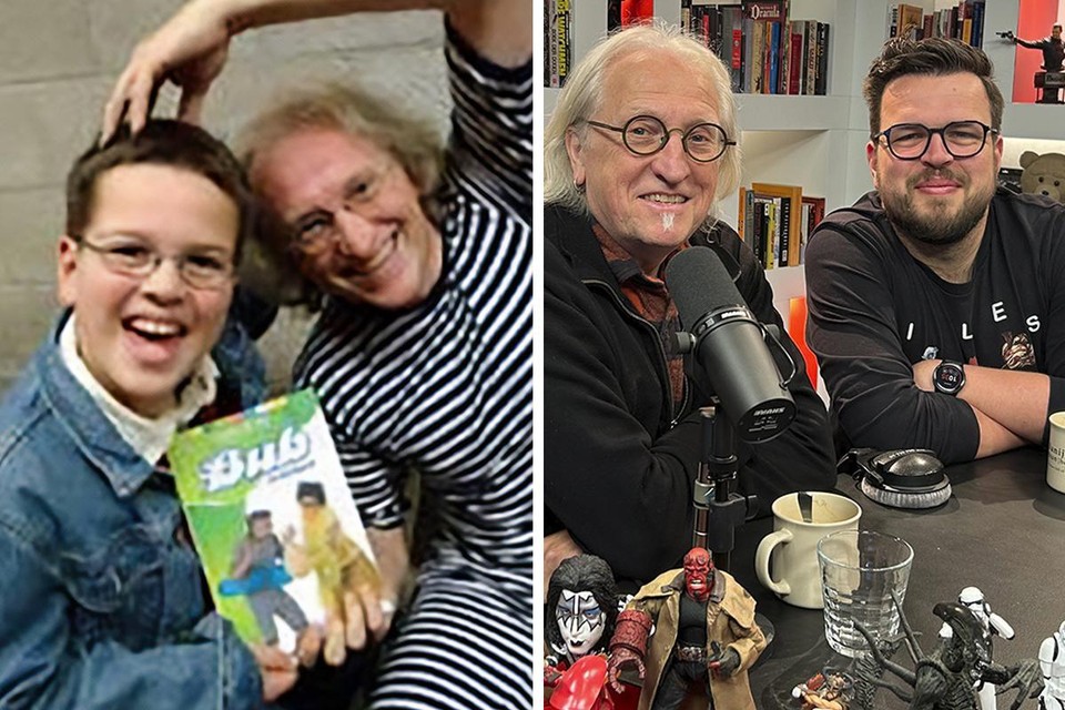 Kinderboekenauteur Marc de Bel (69) met zijn superfan en biograaf Jasper Van Loy.