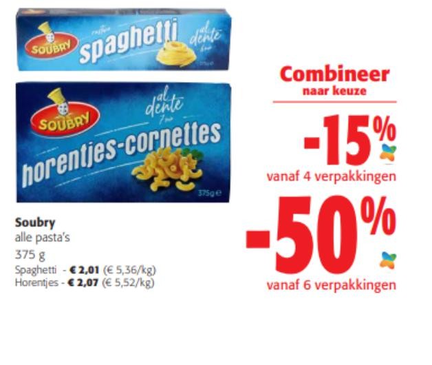 De pasta van Soubry staat in reclame in de Colruyt 