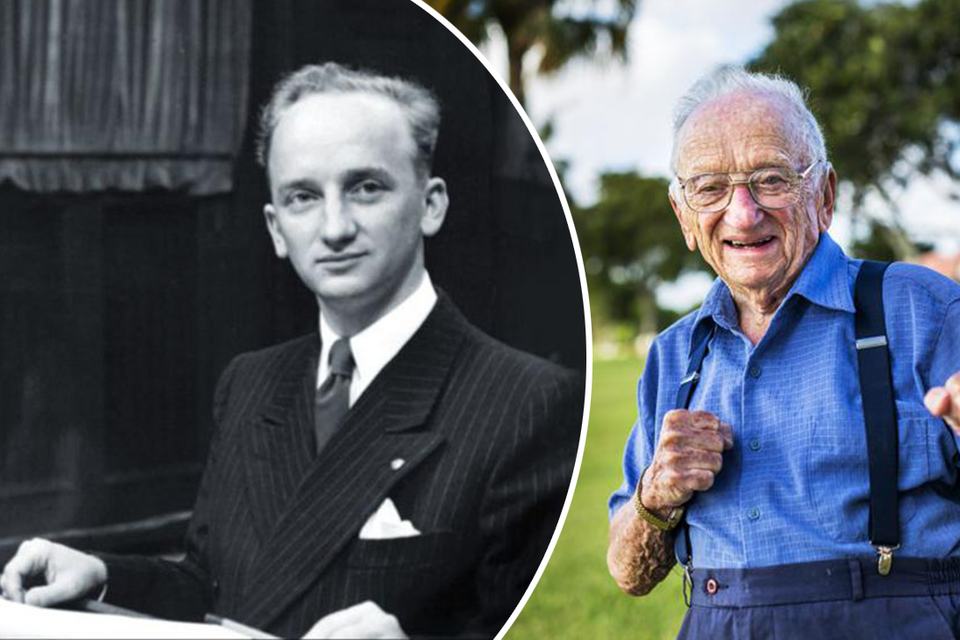  Links: Benjamin Ferencz in 1947, als hoofdaanklager zonder ervaring. Rechts: in Florida, waar hij op z’n oude dag fit blijft. 