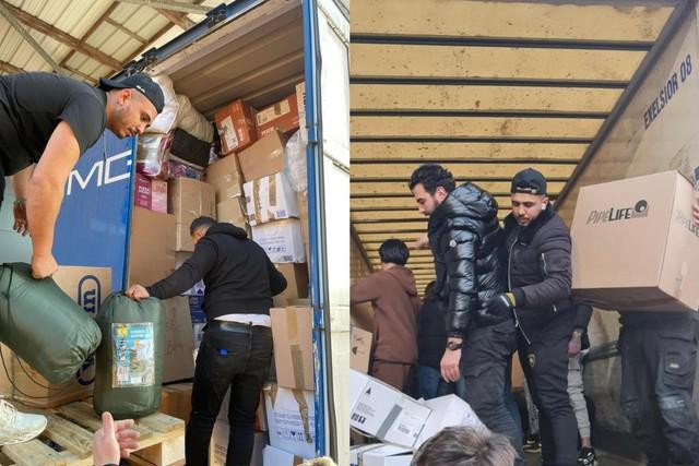 Tolga (helemaal links) zamelt hulpgoederen in voor Turkije en Syrië.