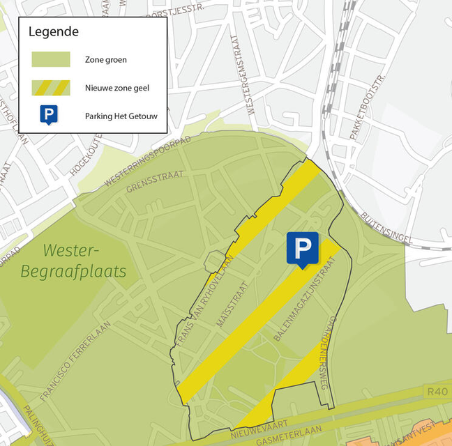 De wijk rond de nieuwe parking Getouw in Ledeberg wordt ook zone geel.  
