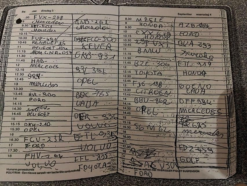 The conscious book in which the boys recorded number plates.