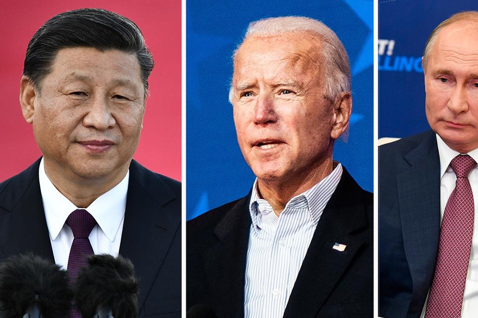 De toekomstige Amerikaanse president past niet in het plaatje dat Xi Jinping (l.) en Vladimir Poetin (r.) voor ogen hebben.