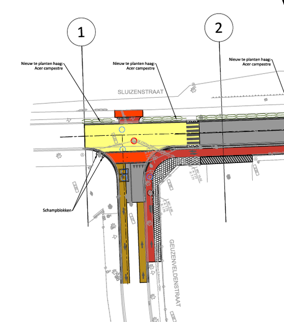 Zo zal het nieuwe kruispunt van Geuzenveldenstraat (onder)  en Sluizenstraat (boven) eruitzien. In het rood bovenaan bij het jaagpad het ingetekende wachtvak voor fietsers. 