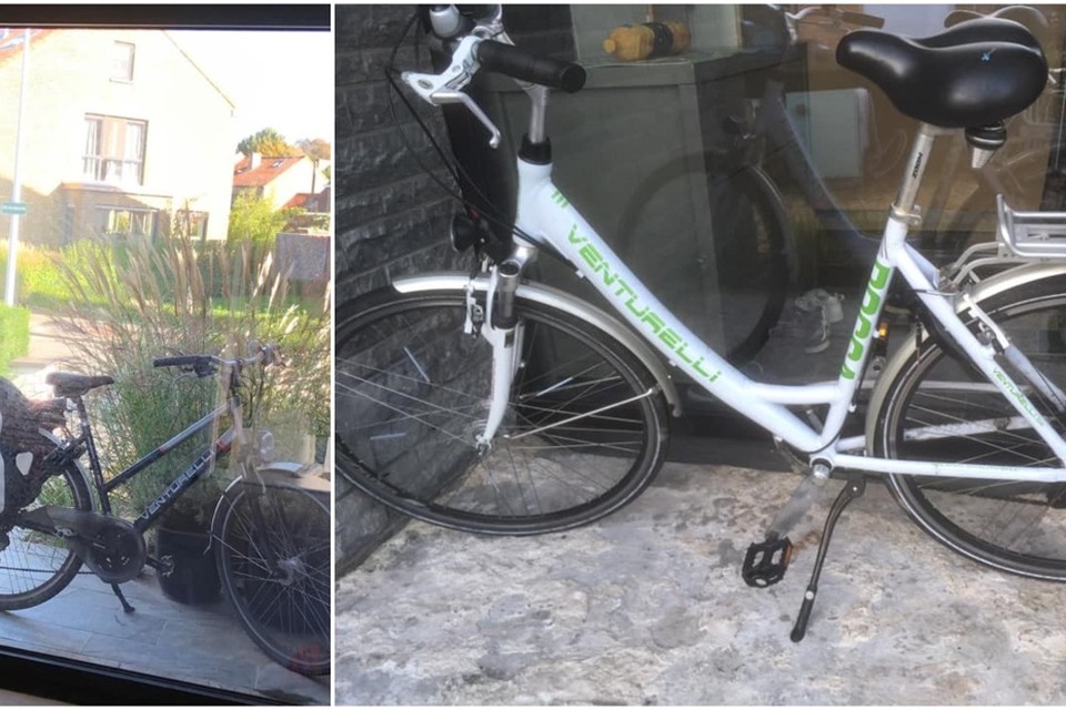 De fiets links werd gestolen. De dief zette een wit exemplaar, van hetzelfde merk, in de plaats. 