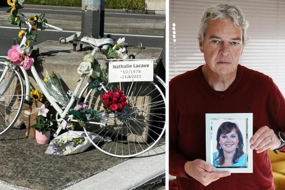 Tom Timmerman (rechts) met een foto van Nathalie en de plaats van het ongeval (links) waar een witte fiets ter herdenking staat