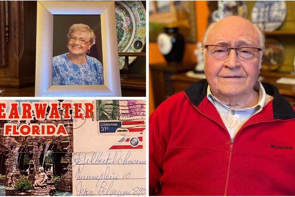 Gilbert Dehaerne met een foto van zijn tante Helene en een van haar zéér laattijdige postkaarten. 