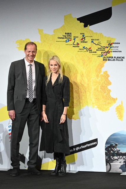Rousse op de parcoursvoorstelling samen met Tour de France directeur Christian Prudhomme. 