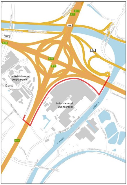 De rode lijn geeft aan waar de nieuwe weg komt.