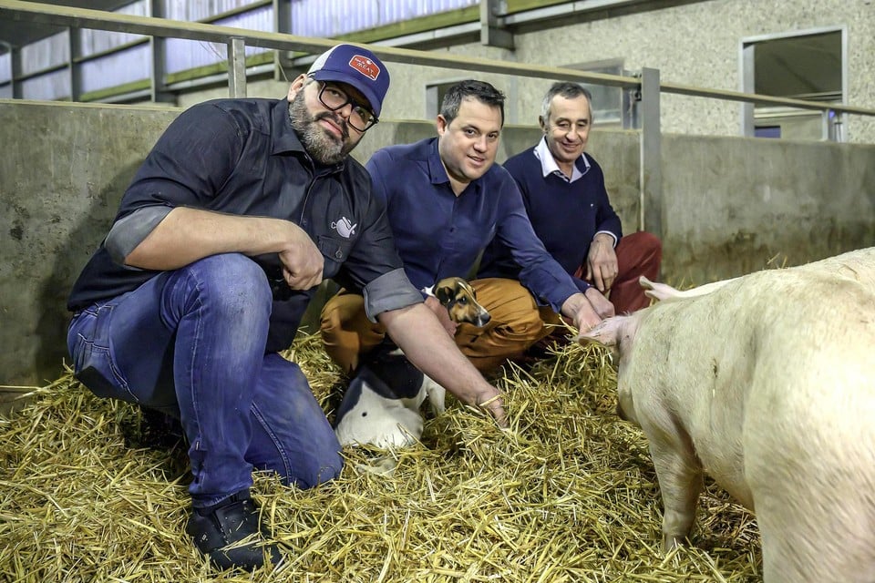 Slager Bart Vuylsteke, en landbouwers Pieter en Erik Van Wilderode zijn tevreden over hun samenwerking.