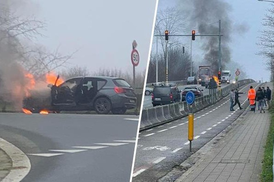 De auto vloog in brand op de brug over de E40 in Beernem. De bestuurder leek versuft en bleef zitten, het waren omstanders die hem uit zijn wagen hielpen. 