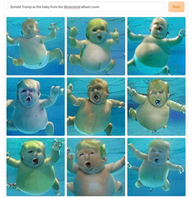 “Donald Trump als de baby op de cover van Nirvana-album Nevermind”. 