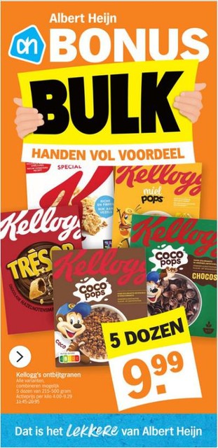 Deze week koop je bij Albert Heijn vijf dozen Kellogg’s voor 9,99 euro