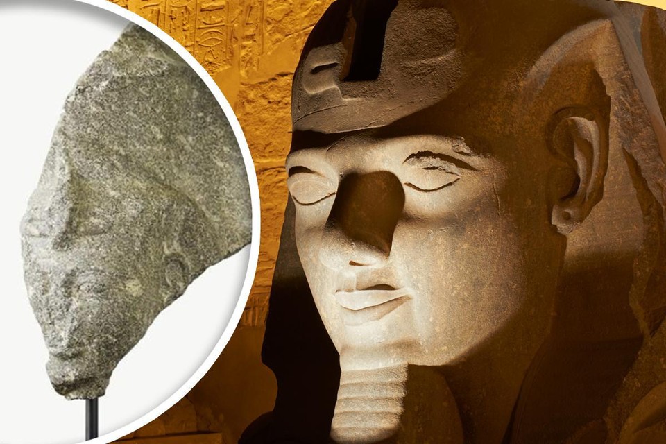 Links: het fragment maakt deel uit van een groep standbeelden die koning Ramses II afbeelden. - Rechts: een beeld van Ramsess in de tempel van Luxor