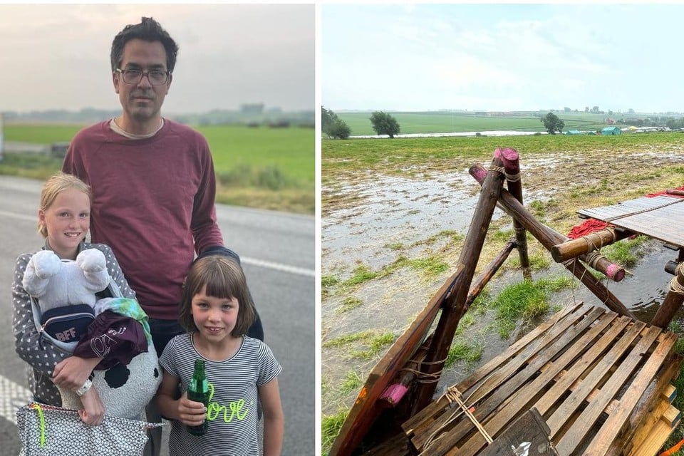 Zusjes Kato (11), Marie (7) en Floor (9) werden van de ondergelopen kampweide opgepikt door papa Jeroen (38) uit Mortsel.