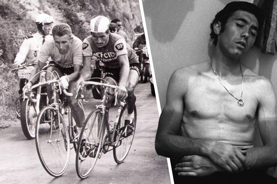 Eddy Merckx na de rit naar de Puy de Dôme in 1975. Een toeschouwer verkocht hem een slag in de lever.  