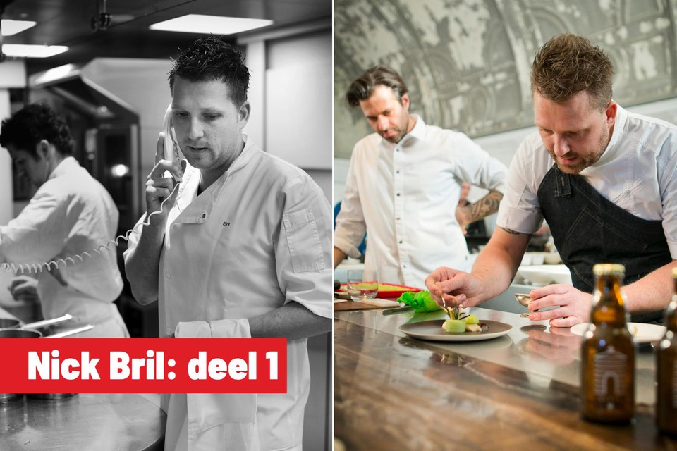 Links: Nick Bril als souschef in restaurant Oud Sluis. Rechts: Dankzij Sergio Herman die letterlijk over zijn schouder meekijkt, slaat Bril de weg in van de culinaire gastronomie. 