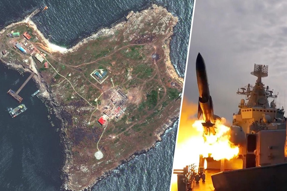 Een satellietbeeld van donderdag 12 mei toont de vernielde gebouwen, een neergestorte helikopter en vernietigd luchtafweergeschut op Slangeneiland. 