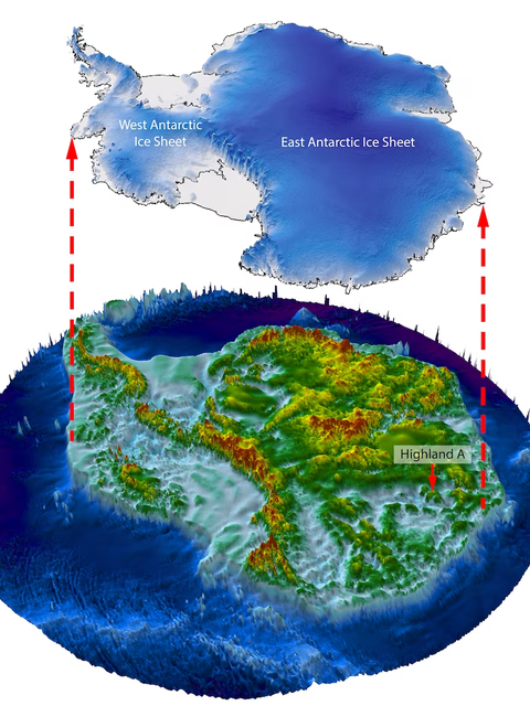 Deze illustratie toont hoe Antarctica er vermoedelijk zou uitzien als de ijskap van het continent zou worden getild. Highland A is een reeks van drie heuvels in Oost-Antarctica waar de ontdekking werd gedaan.