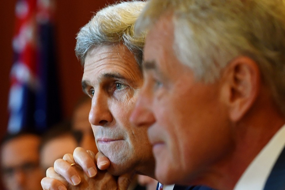 De Amerikaanse minister van Buitenlandse Zaken Kerry en Hagel, minister van Defensie.