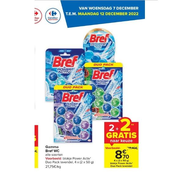 De wc-blokjes van Bref staan in de folder van Carrefour, maar ook in die van Delhaize en Colruyt   