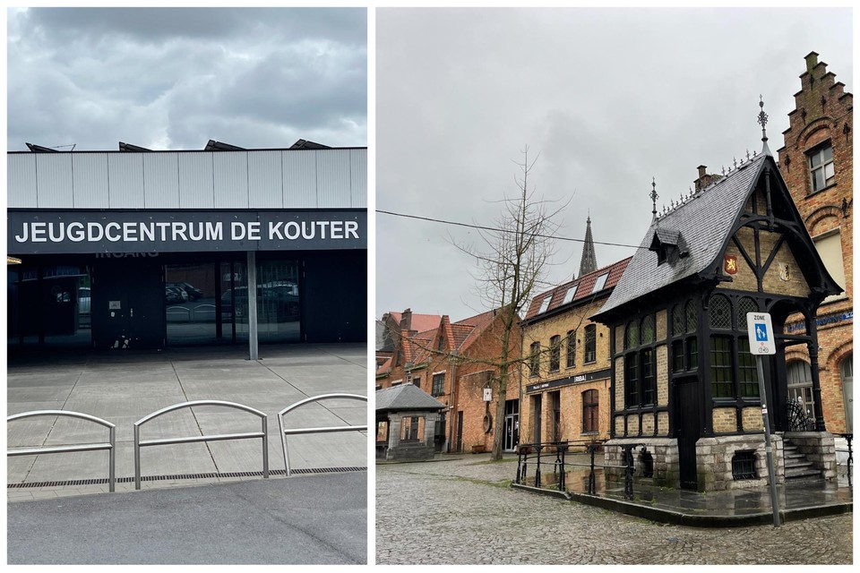 Links jeugdcentrum De Kouter in Poperinge, rechts de hoek van de  Vis- en Kiekenmarkt in Ieper. 
