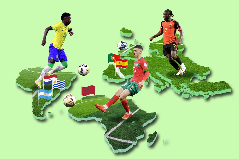 Vinicius Jr.  (Brazil), Red Devil Jérémy Doku and Bilal El Khannouss (Morocco) may fight each other at the 2030 World Cup. ds-illustration/getty/belga